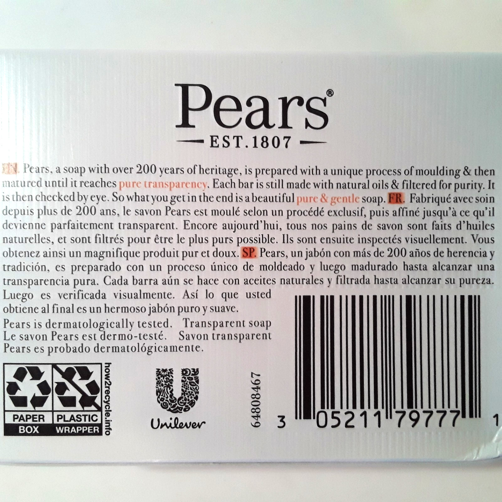 Transparent Pears Soap – Lot of 3 – 3.53 oz. Bars, Pure & Gentle with Plant Oils