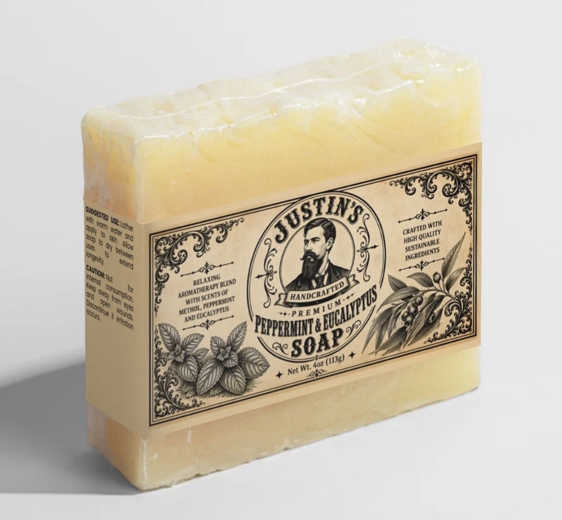 Justin’s Handcrafted Premium Peppermint & Eucalyptus Body Bar Soap, 4 oz