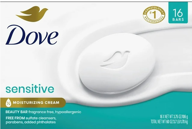 Dove Beauty Bar Soap, Sensitive Skin, 3.75 oz., 16 ct.
