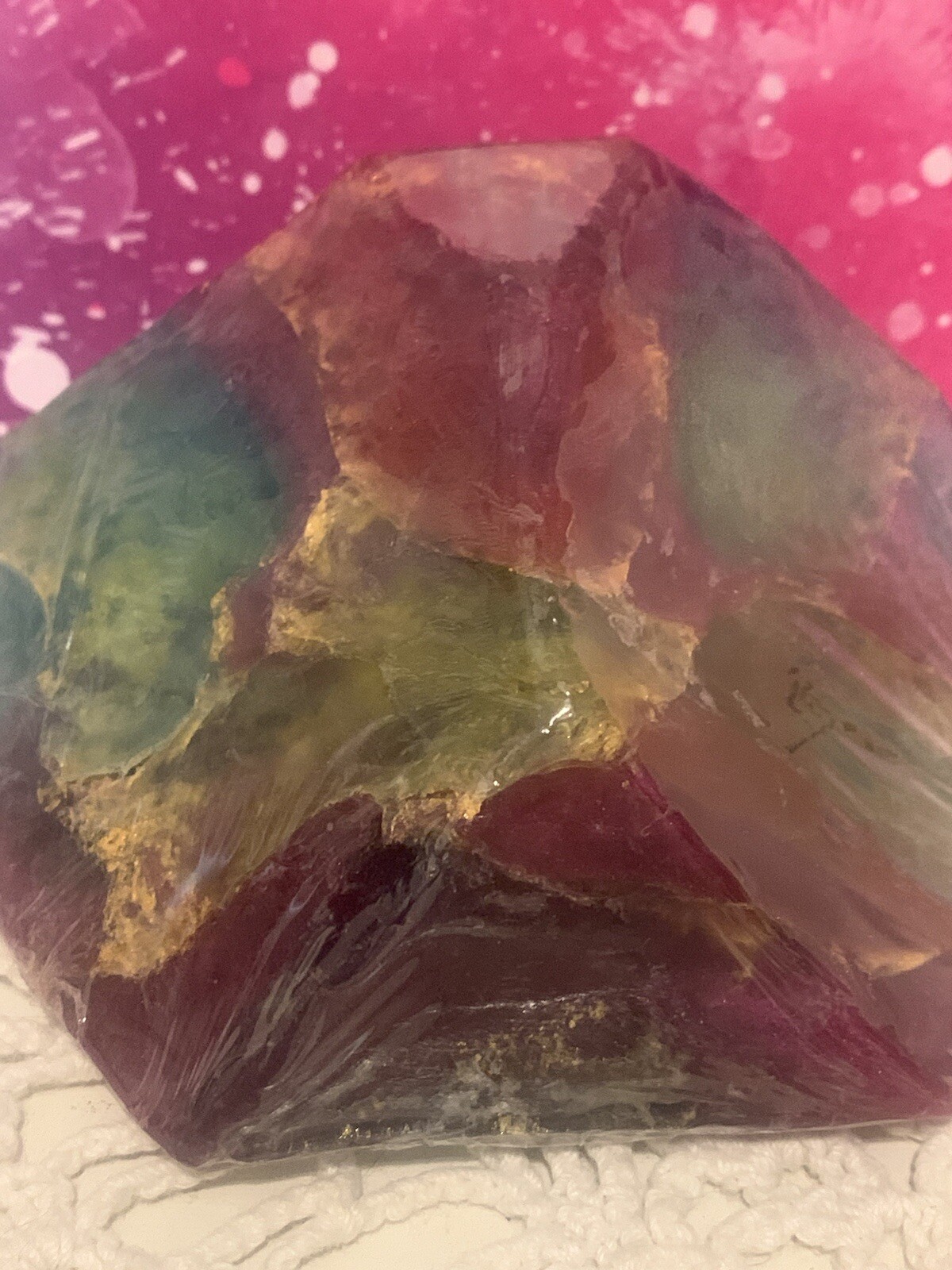 New sealed TS Pink Soap rocks-rainbow fluorite- gemstones-scented teal fuchsia
