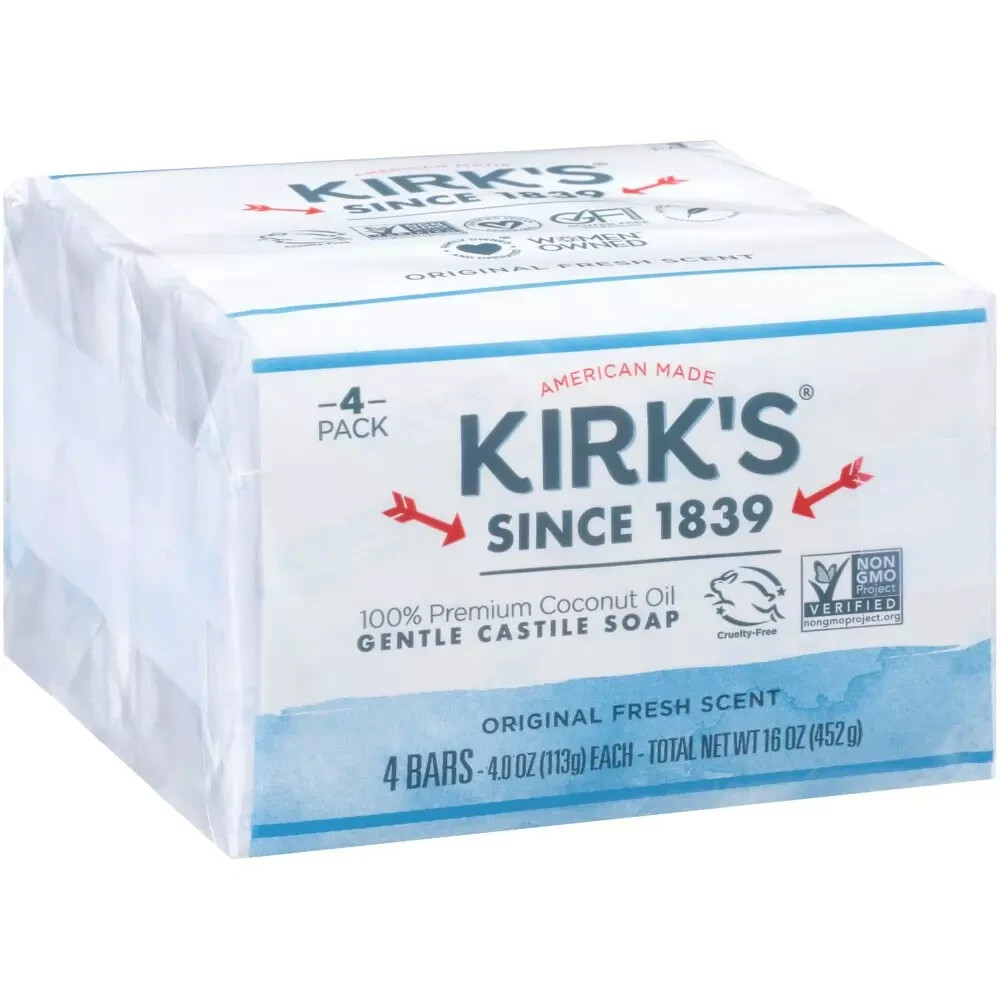 Kirk’S Original Fresh Scent Gentle Castile Soap 4 Ct Pack Hypoallergenic Vegan
