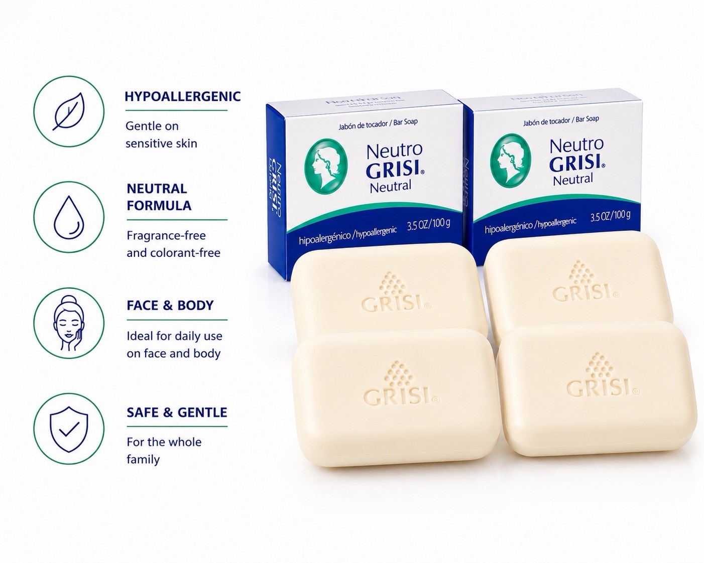 Pack of 4 Grisi Neutro Neutral Soap Bar 3.5 oz Hypoallergenic Sensitive Skin