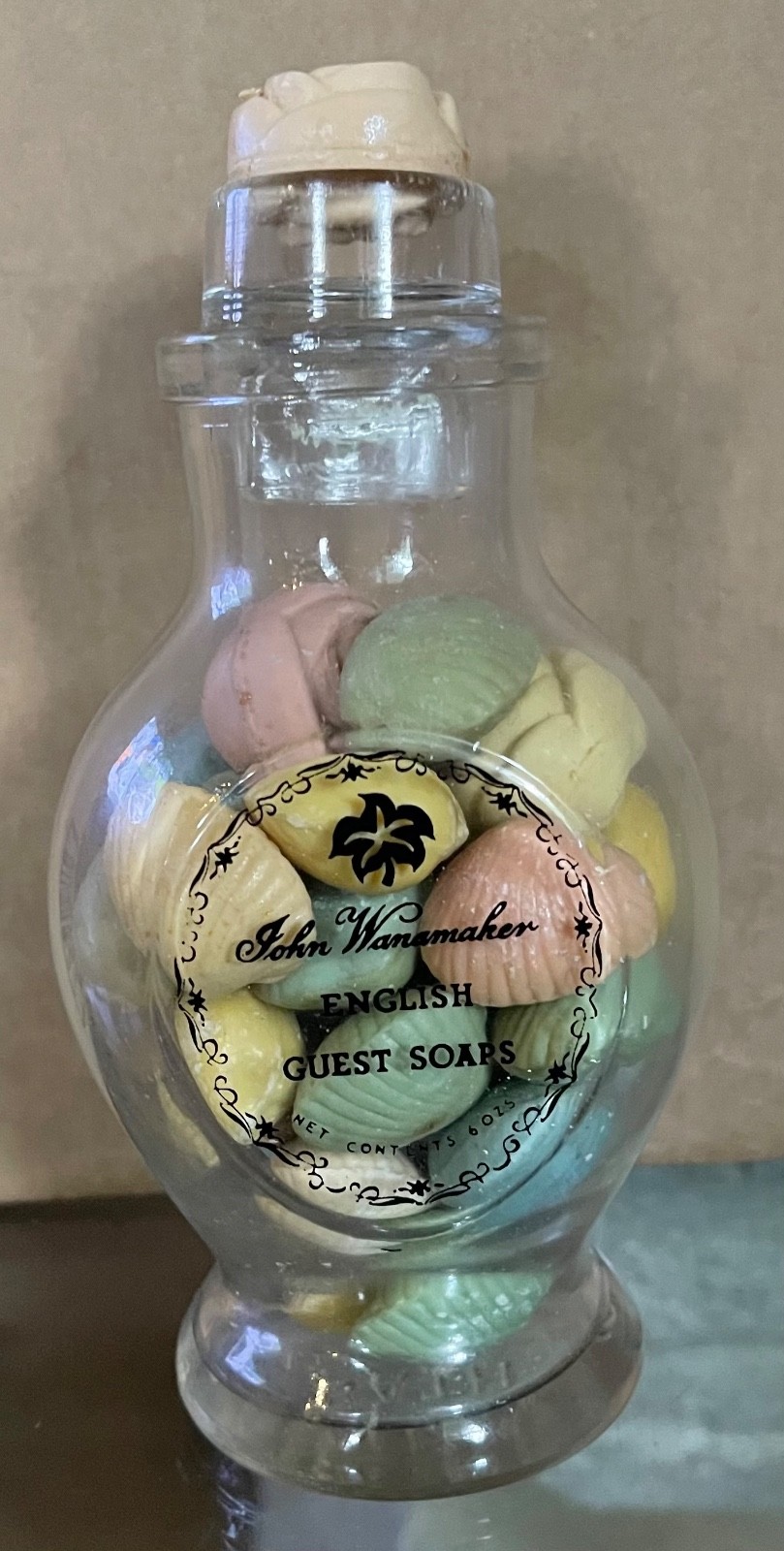 Vintage John Wanamaker English Guest Soaps Glass Jar 6 oz Full Bottle