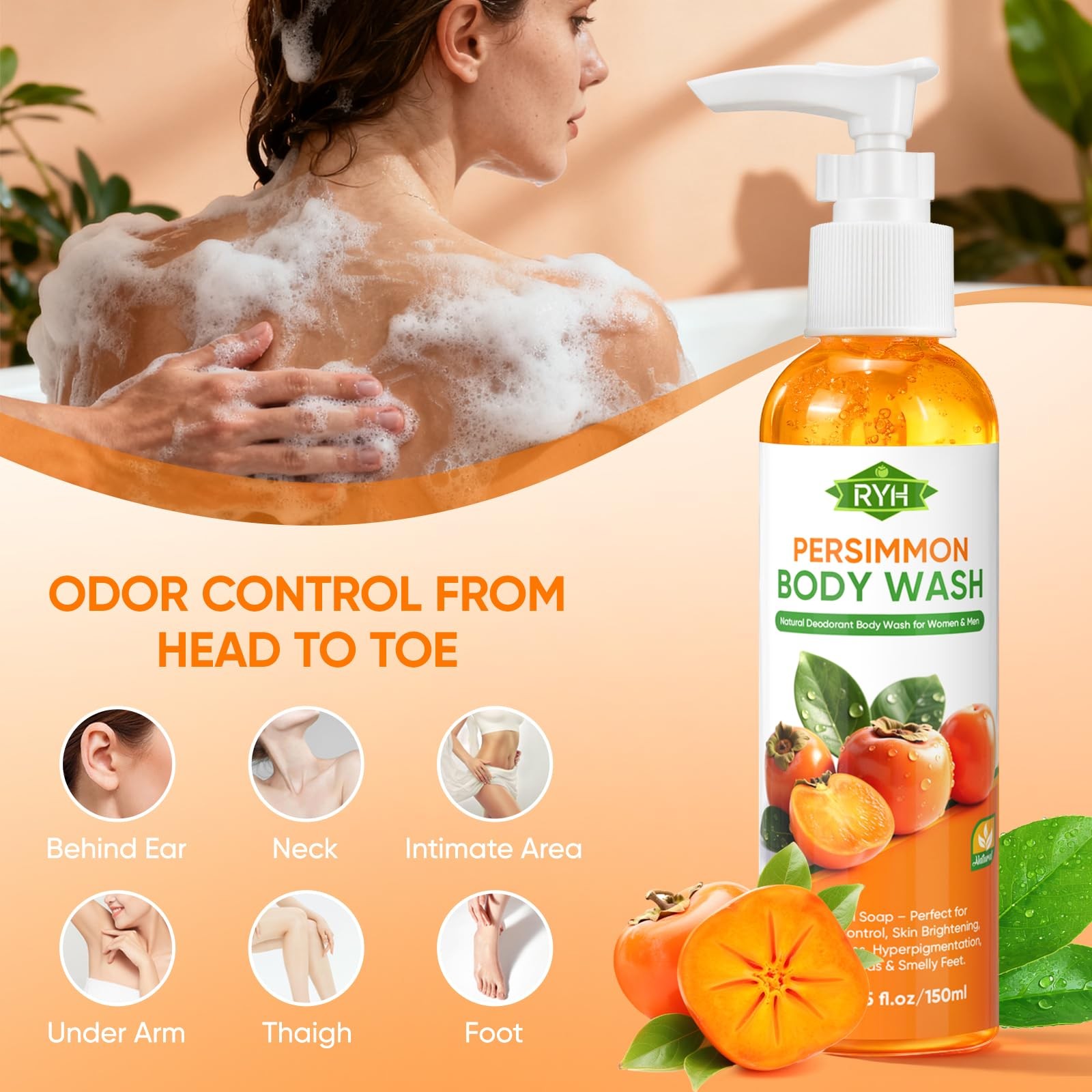 RYH Persimmon Body Wash for Odor Control – Natural 1 Count (Pack of 1)