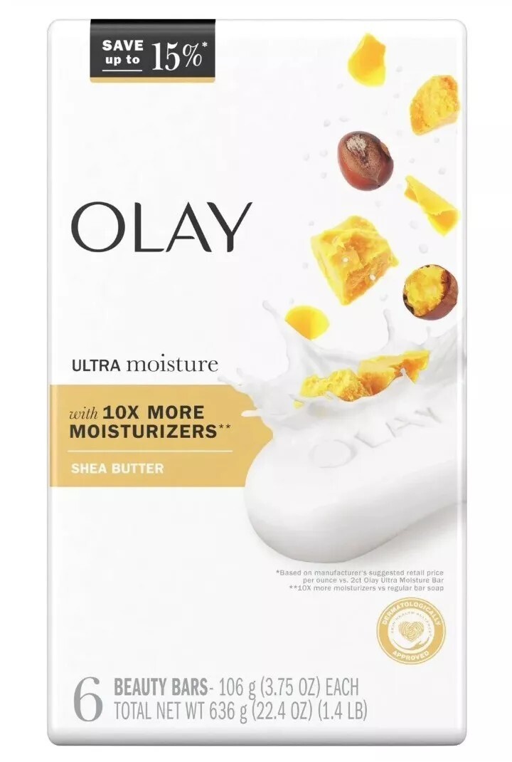 NEW! OLAY (6-BARS) 3.75 Oz. Bars ●SHEA BUTTER● Ultra 10X Moisture Beauty Bars.