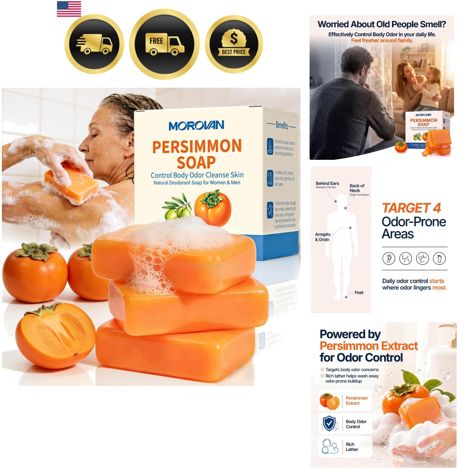 Persimmon Soap for Body Odor: 3 Bars Natural Persimmon Bar Soap for Old Peopl…