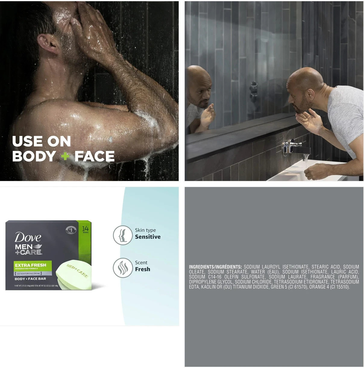14-Bars Dove Men+Care Bar 3 in 1 Cleanser for Body, Face & Shaving 3.75 oz