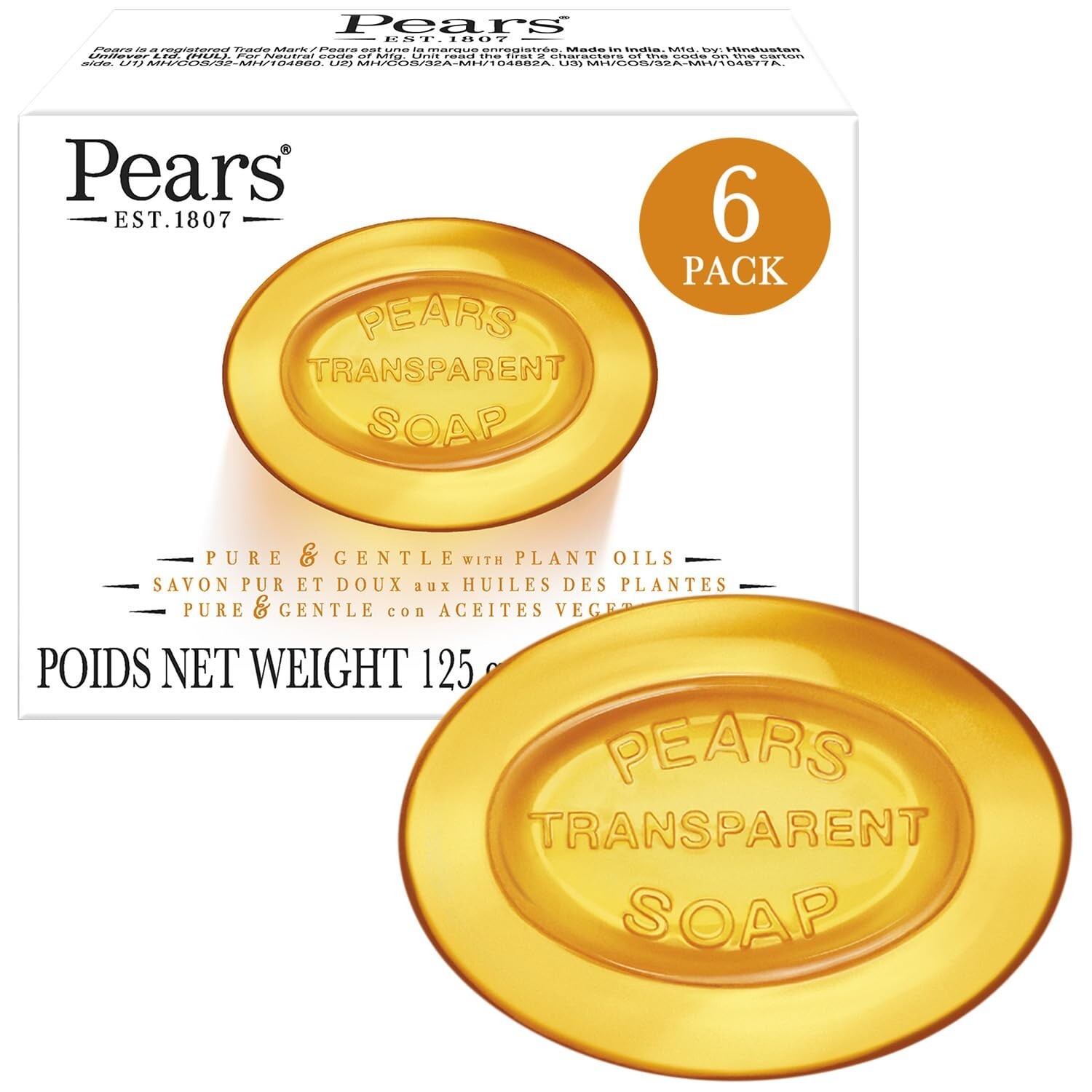 Pears Transparent Soap Pure & Gentle With Natural Oils {PACK OF 6} 125g Each