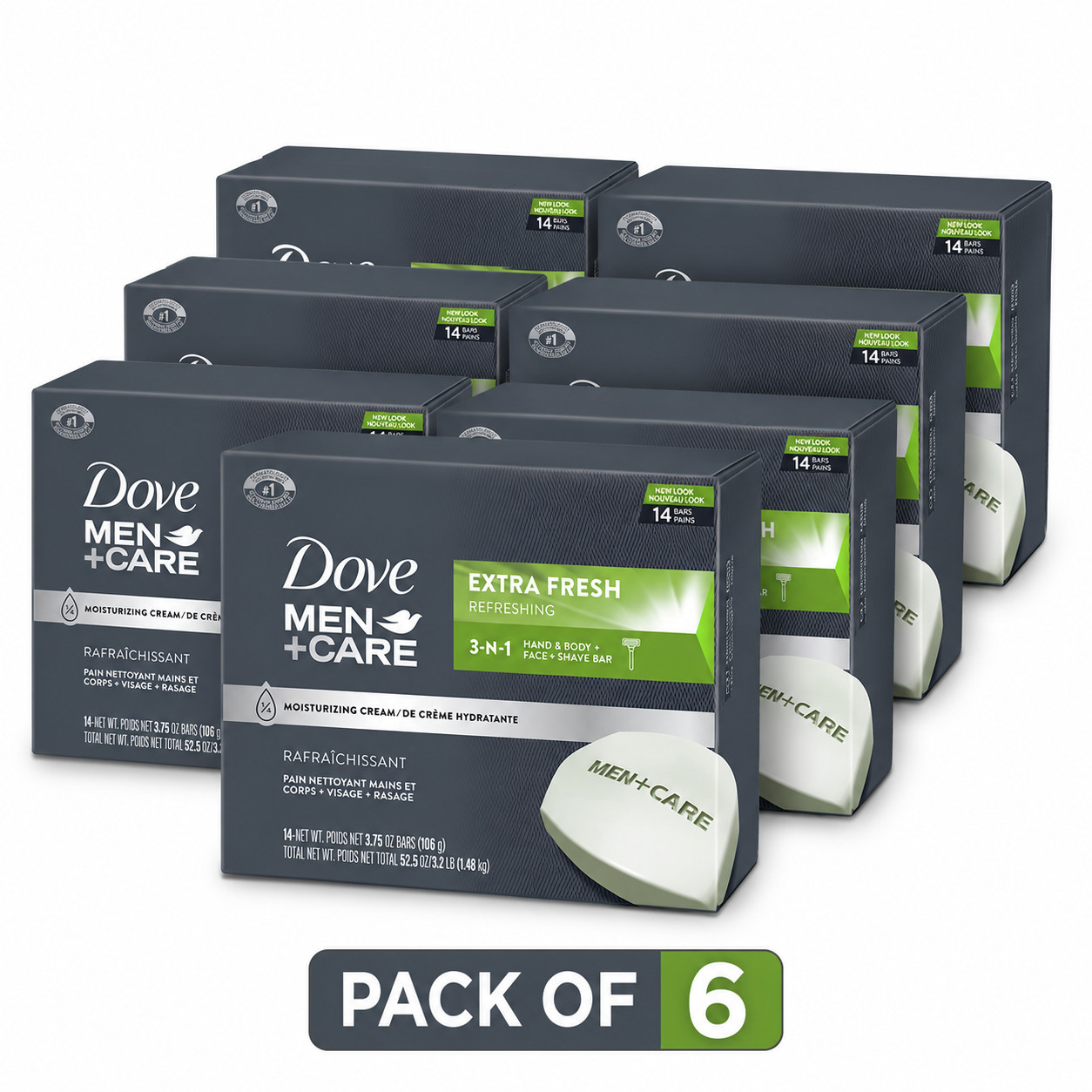 Pack of 6-DOVE MEN + CARE Bar 3 in 1- 14 Bars Cleanser for Body Face 3.75 oz
