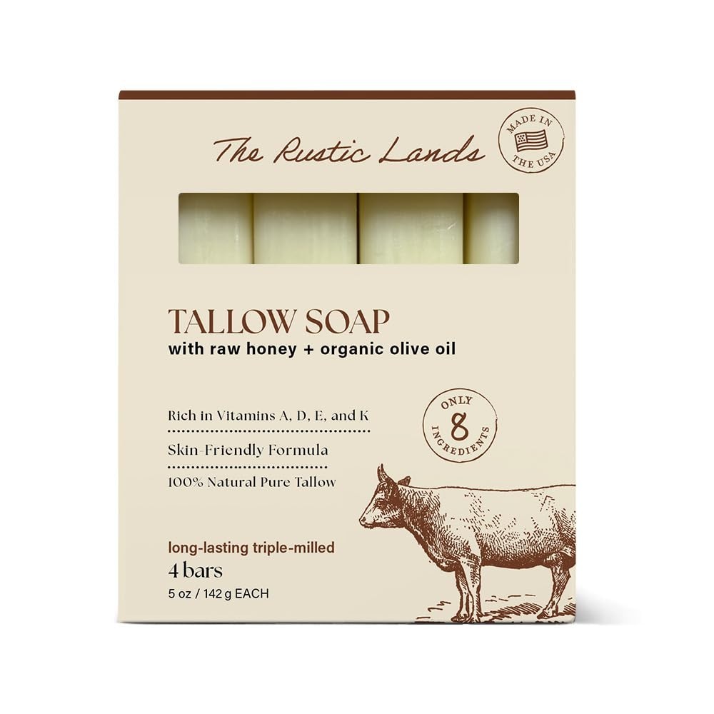 THE RUSTIC LANDS Grass Fed Beef Tallow Soap Bars Set of 4 with Honey & Olive Oil