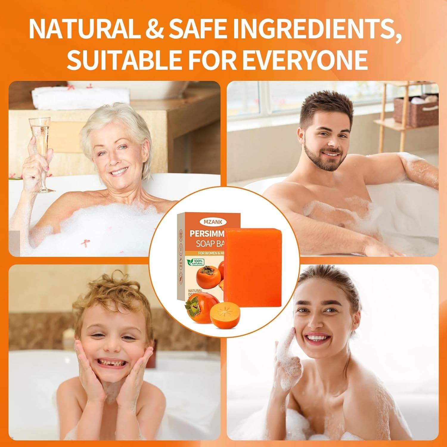 3 PACK Persimmon Soap Bar for Old People Smell,Natural Deodorant Body Face Bar S