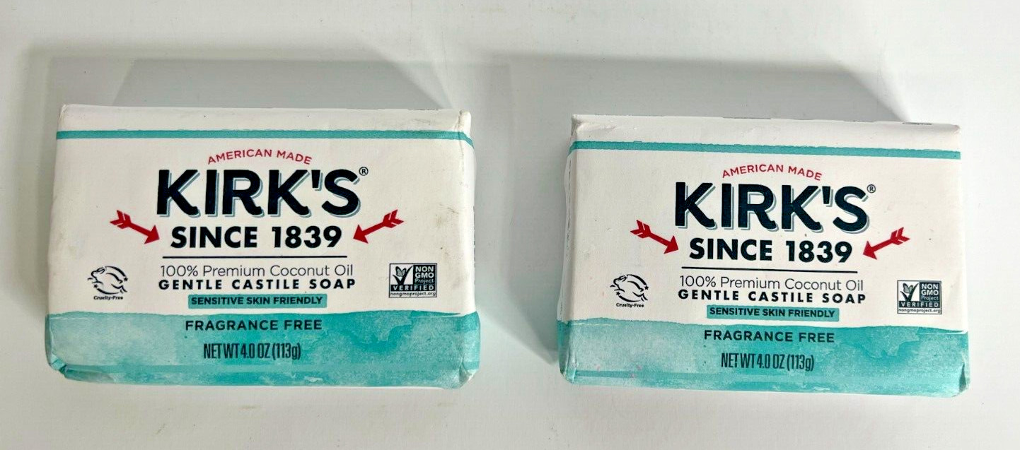 2 Kirk’s Gentle Castile Soap Sensitive Skin 100% Coconut Oil 4 oz Bar