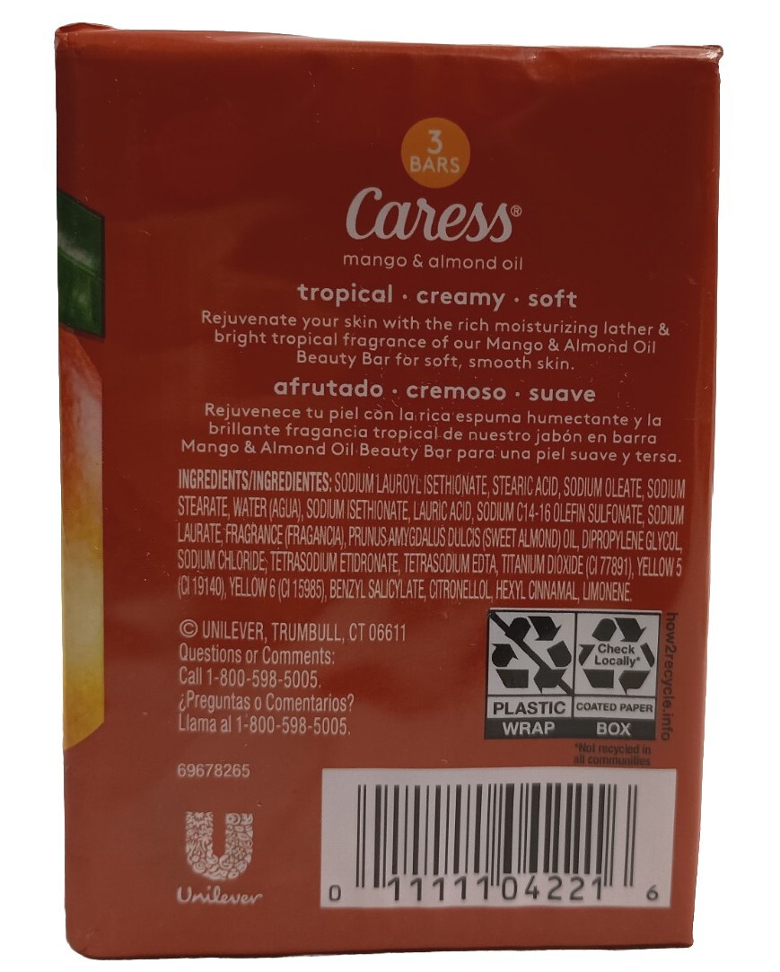 9 Bars Caress Mango & Almond Oil Rejuvenating Bar Soap 3.15 Oz. Each
