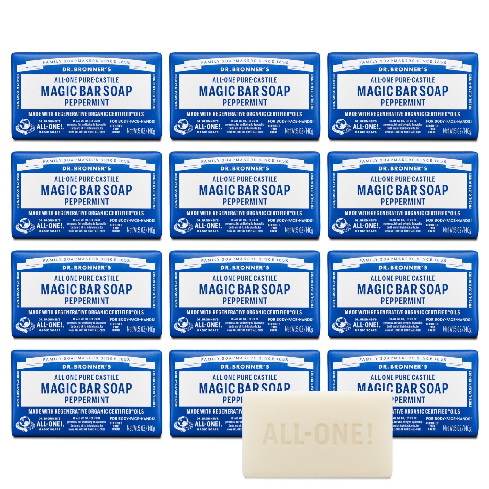 Pure-Castile Magic Bar Soap – Peppermint, 5oz, 12-Pack | Vegan, Cruelty-Free, Or