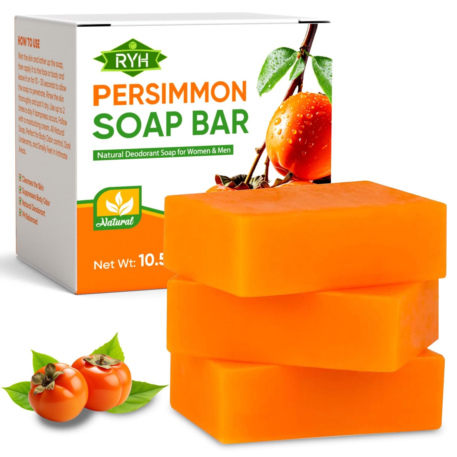 Persimmon Soap Bar 3 PK Odor Control Deodorizing Body Wash Natural Gentle