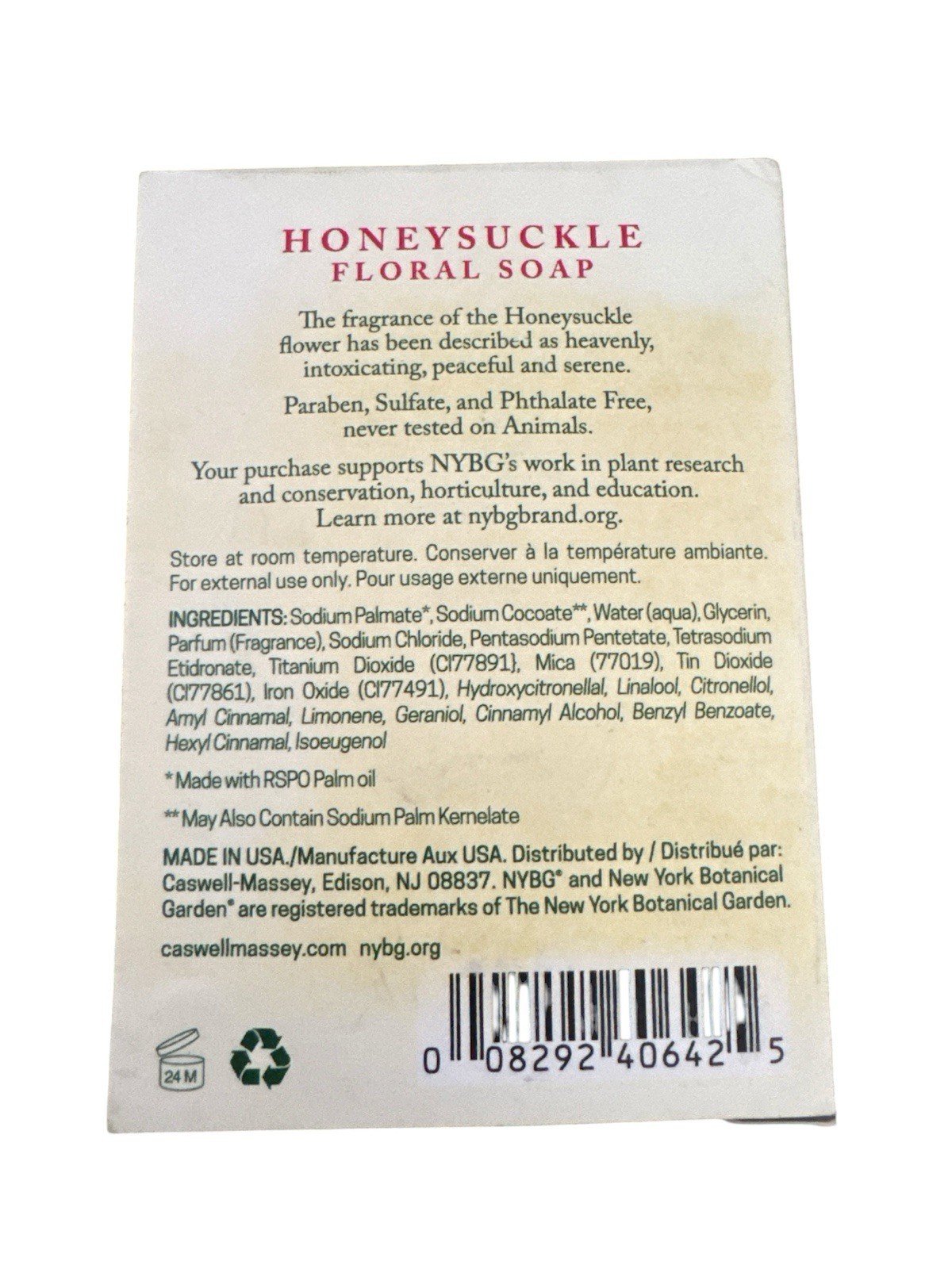 Caswell Massey Honeysuckle Plant Based Triple Milled Soap 3.25 oz New