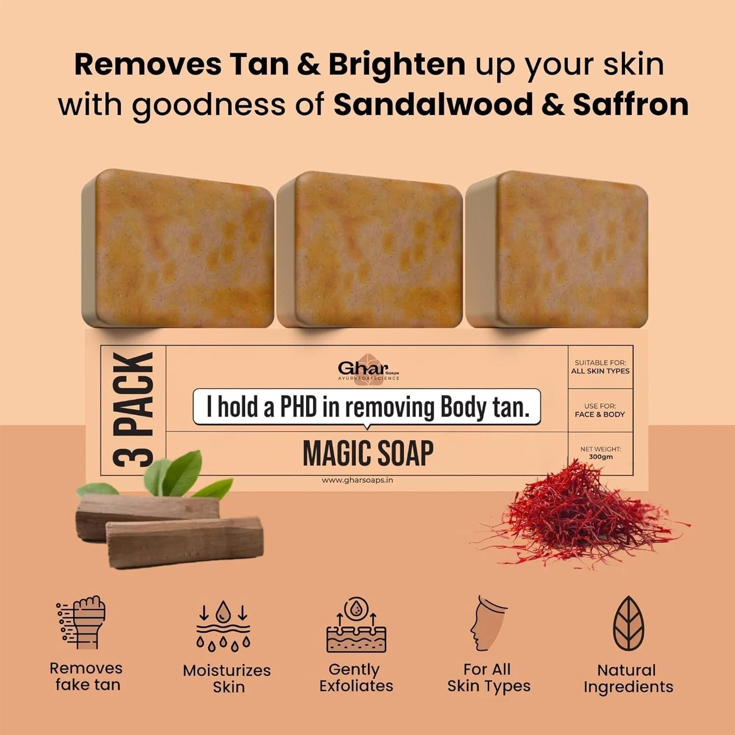 Ghar Soaps Sandalwood & Saffron Magic Soaps For Bath (300 Gms Pack Of 3)