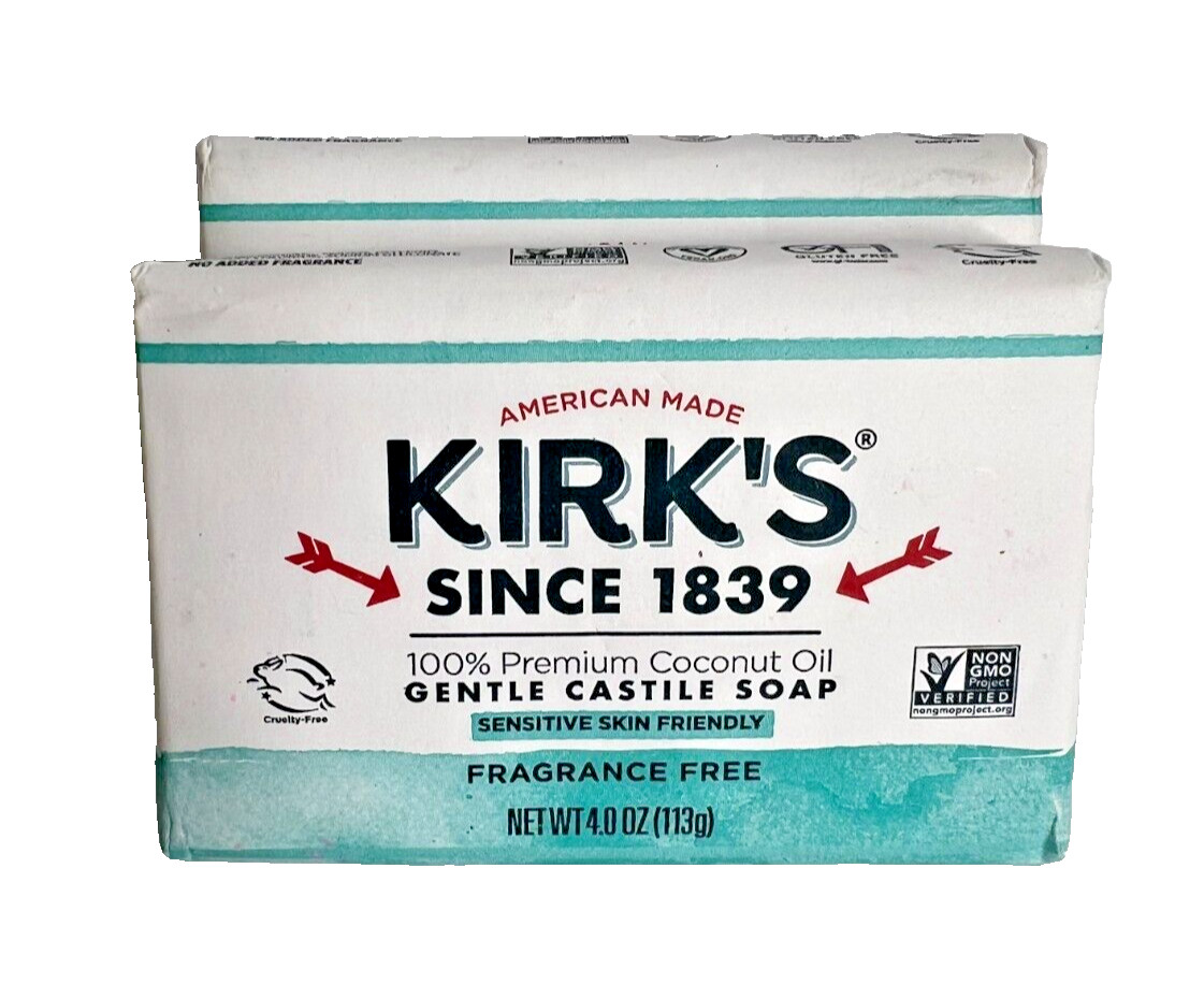 2 Kirk’s Gentle Castile Soap Sensitive Skin 100% Coconut Oil 4 oz Bar