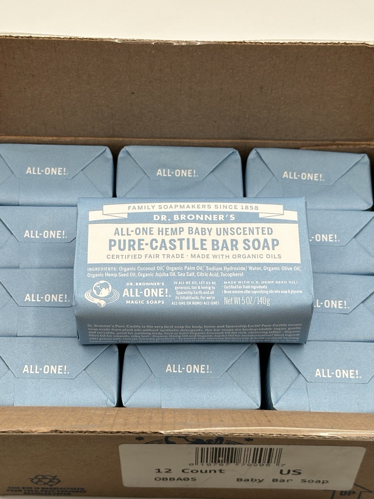 Dr Bronner’s All-One Hemp Baby Unscented Pure Castile Bar Soap 12 Pack 5oz Bars