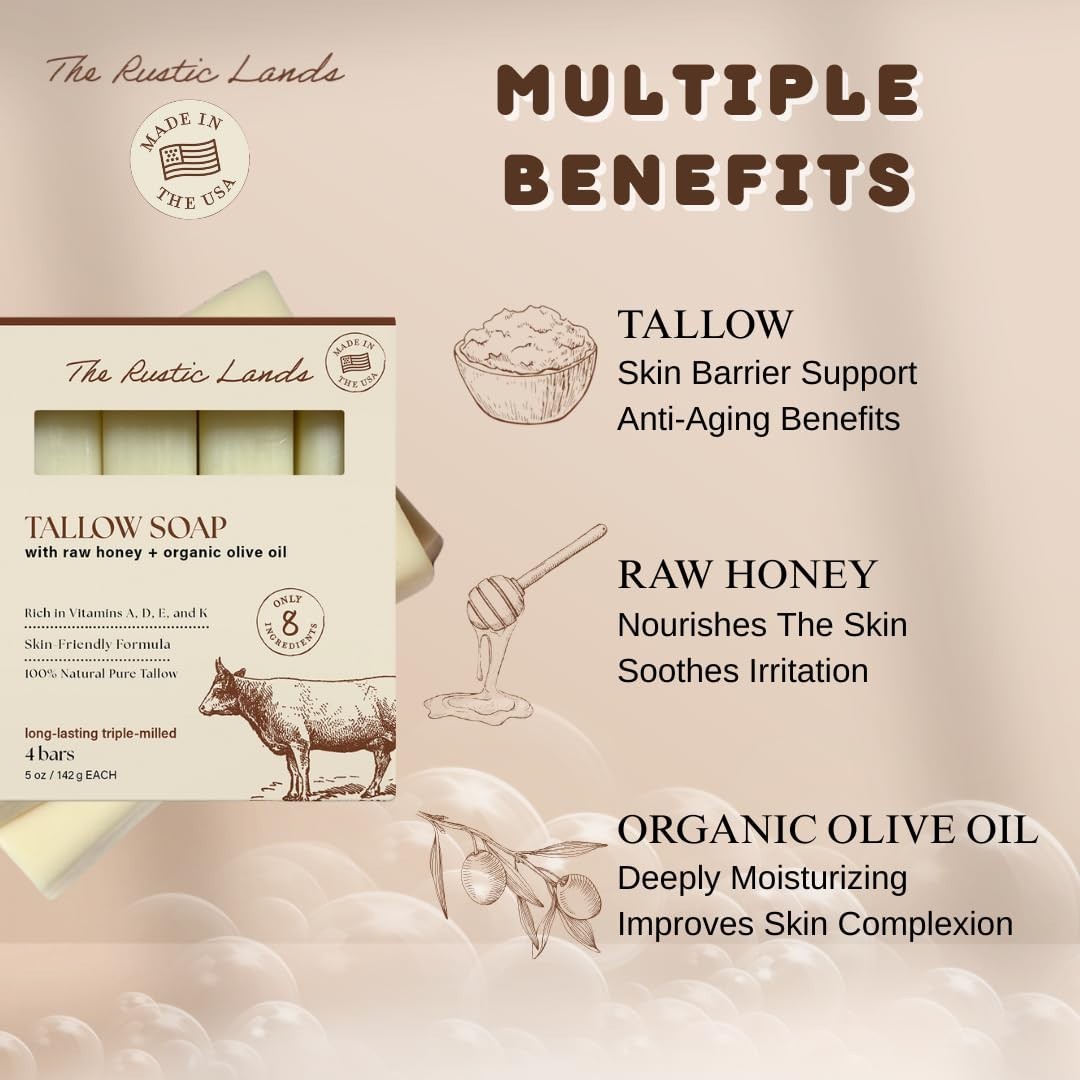 THE RUSTIC LANDS Grass Fed Beef Tallow Soap Bars Set of 4 with Honey & Olive Oil