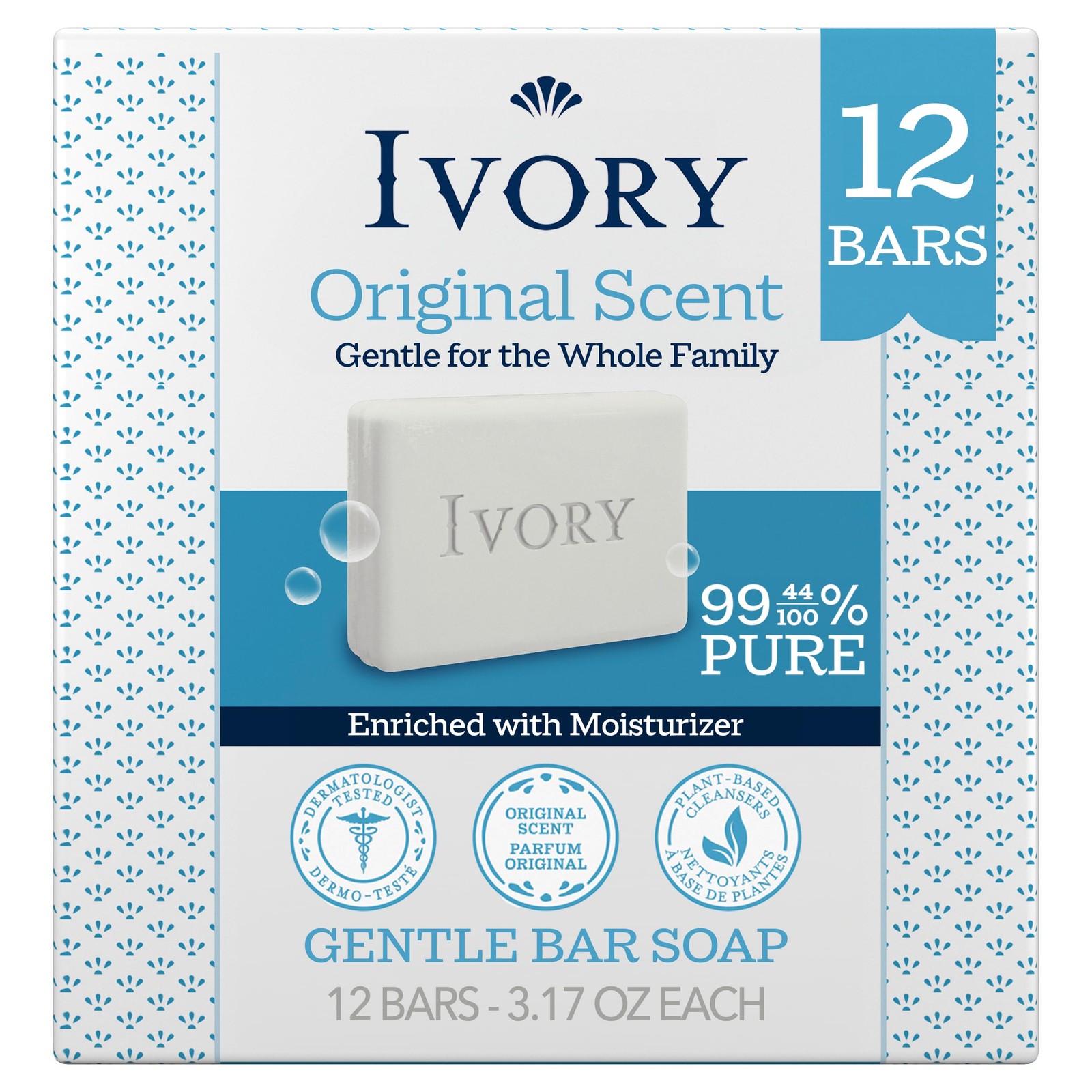 Gentle Bar Soap for All Skin Types, 99.44% Pure, Plant-Based Cleanser, 12 Count
