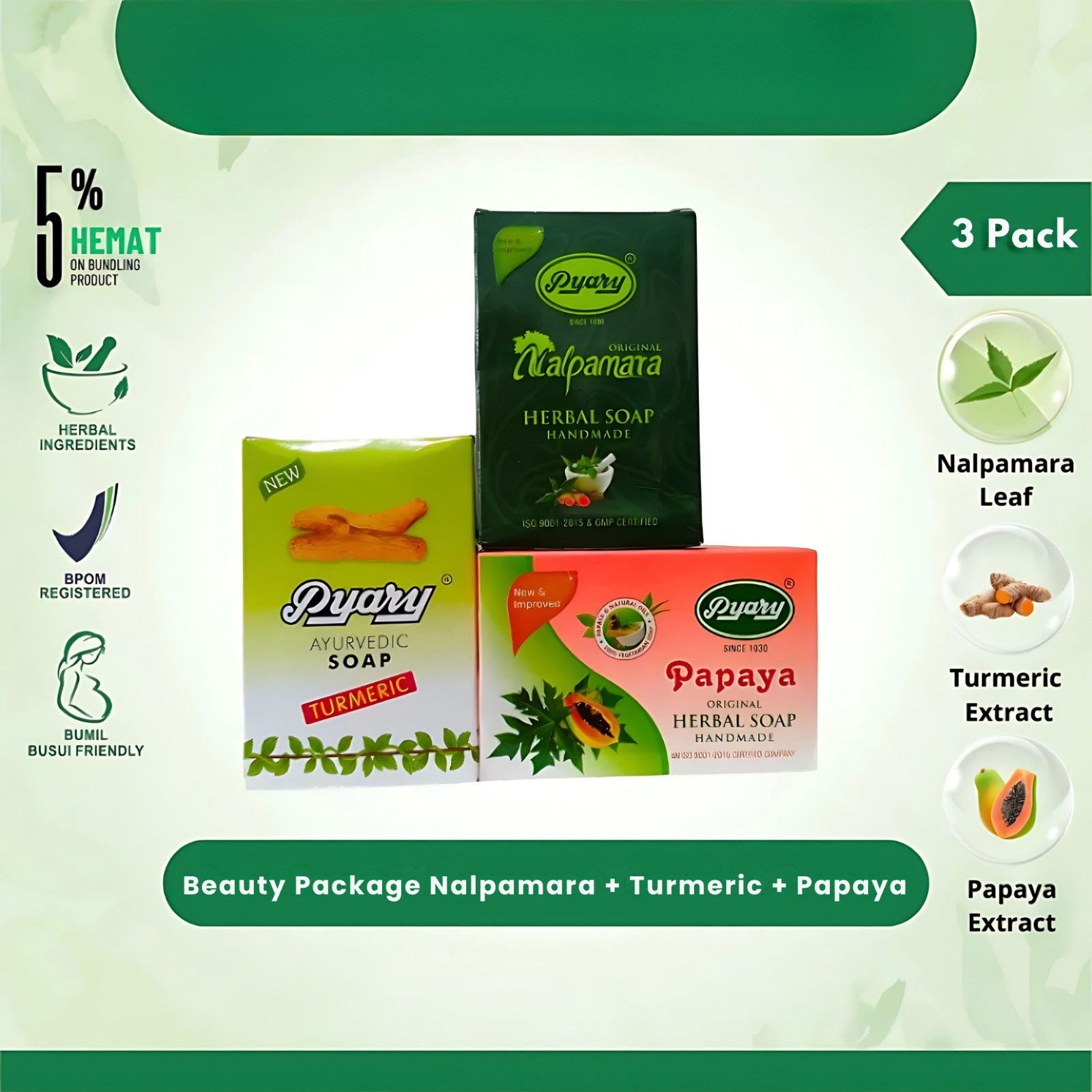 Pyary Herbal Beauty Soap Set of 3 – Turmeric, Nalpamara & Papaya Ayurvedic Bars