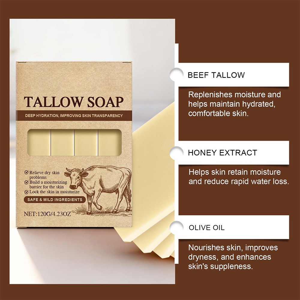 Beef Tallow Soap Bar, 4 Bars All Natural Grass Fed Tallow Soap,Moisturizing Body