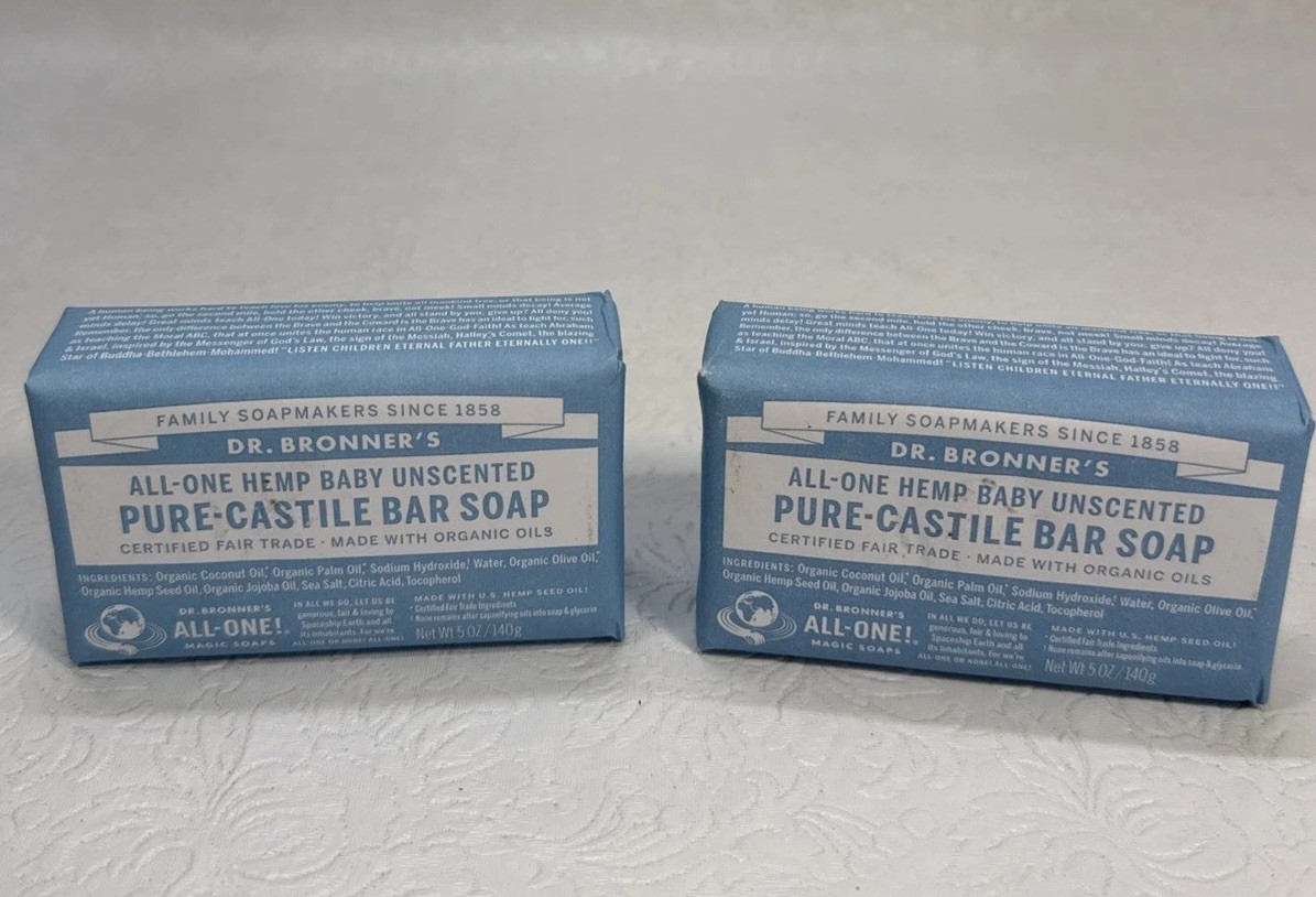 2 Pack Dr Bronner’s All-One Hemp Baby Unscented Pure Castile Bar Soap Organic