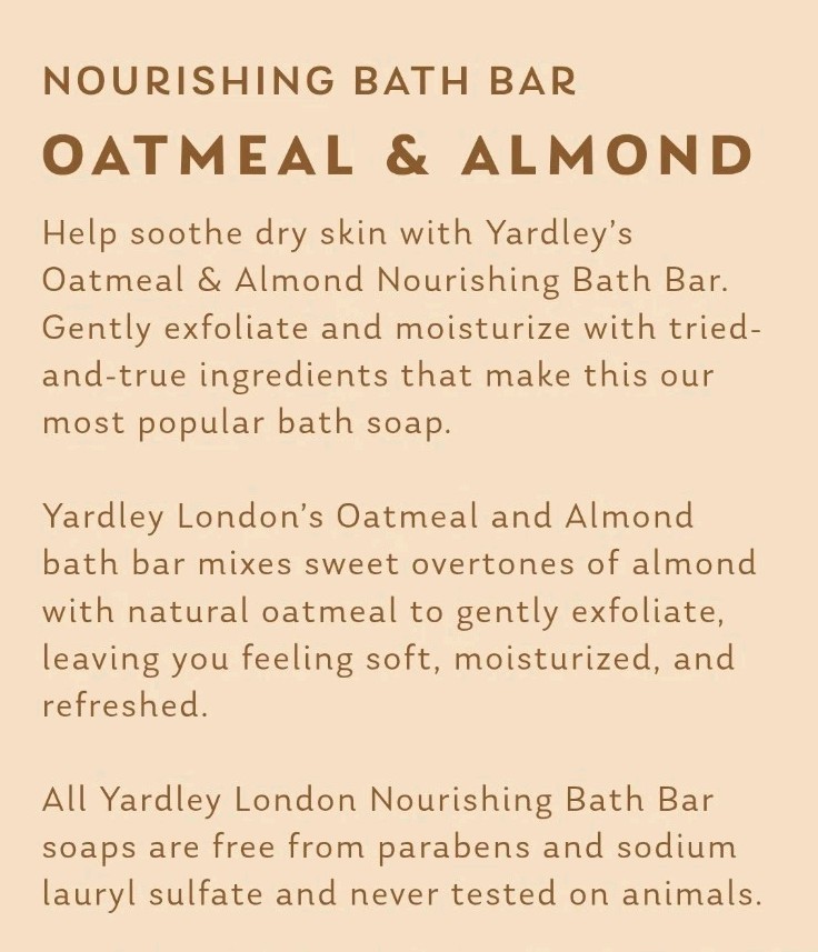 NEW! YARDLEY LONDON (4.0 Oz.) 113g ●OATMEAL & ALMOND● Nourishing Bath Bar🫧