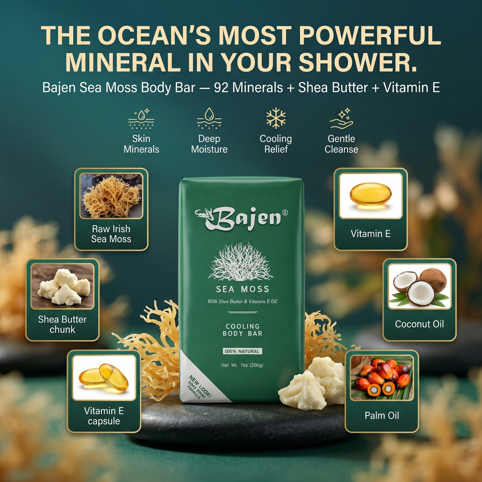 SEA MOSS COOLING SOAP BAR – Skin Softening Emollient Moisture Cell Health 7oz