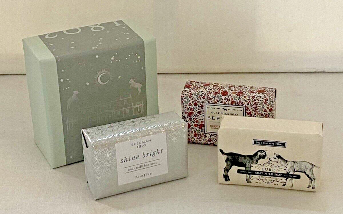 3 Beekman 1802 Goat Milk Soap 3.5oz Bars Bundle Gift Box Pure Honey Grape Shine