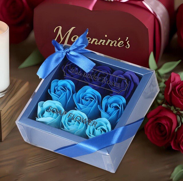 9 Pc Blue Gift Box Essential Oil Soap Bath Flowers Valentine’s Day Love Wife