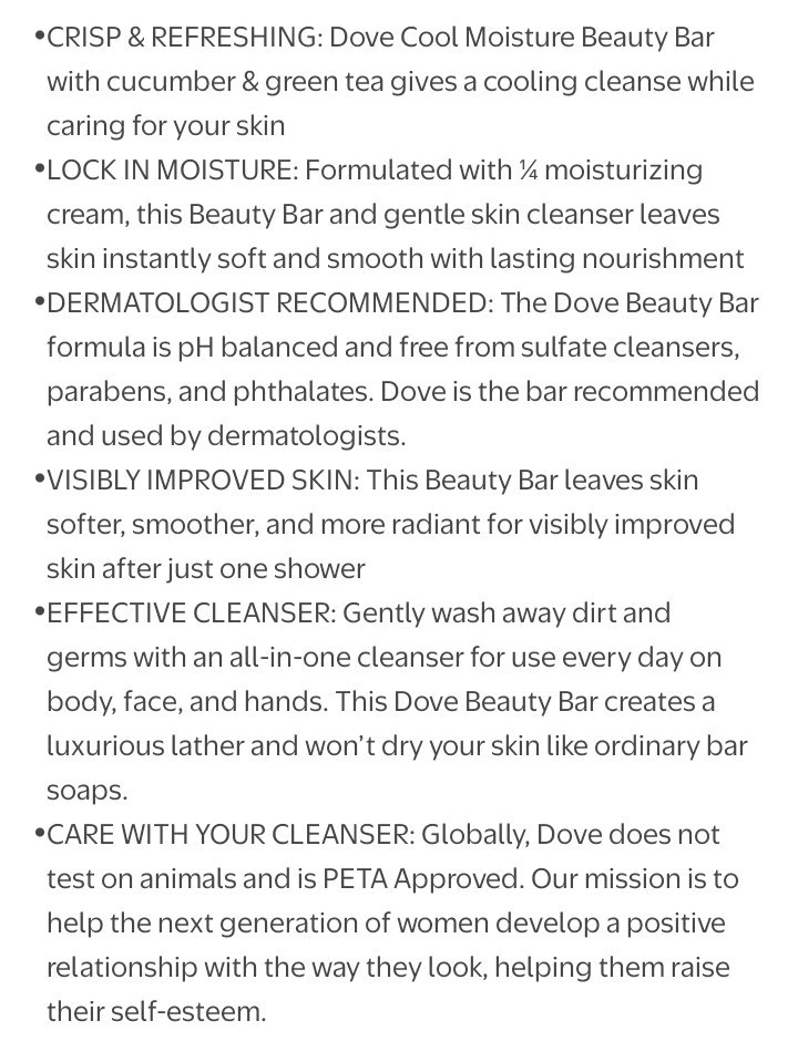 2 Dove Beauty Bar Womens Bath Soap Cool Moisture Cucumber&Green Tea 4 Bars Packs
