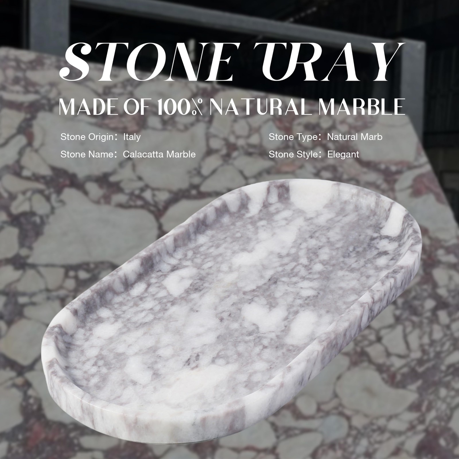 Koville Real Luxurious Natural Marble Vanity Tray, 10″x5″ Calacatta Viola Marble