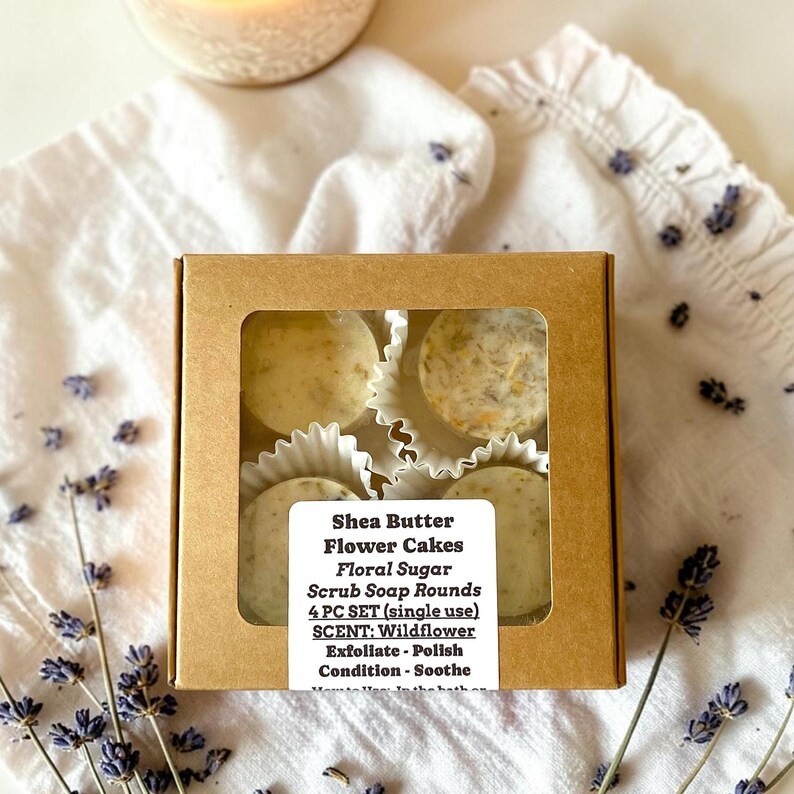 Shea Butter Botanical Sugar Scrub Rounds – 4pc Rose Lavender & Lotus Spa Gift