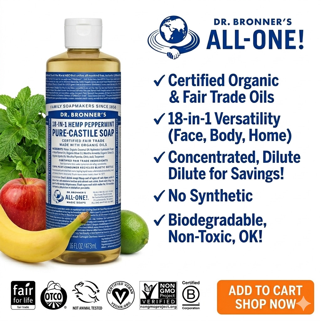 Dr. Bronners Set of 2 Peppermint Pure-Castile Organic Fair Trade Cleanser