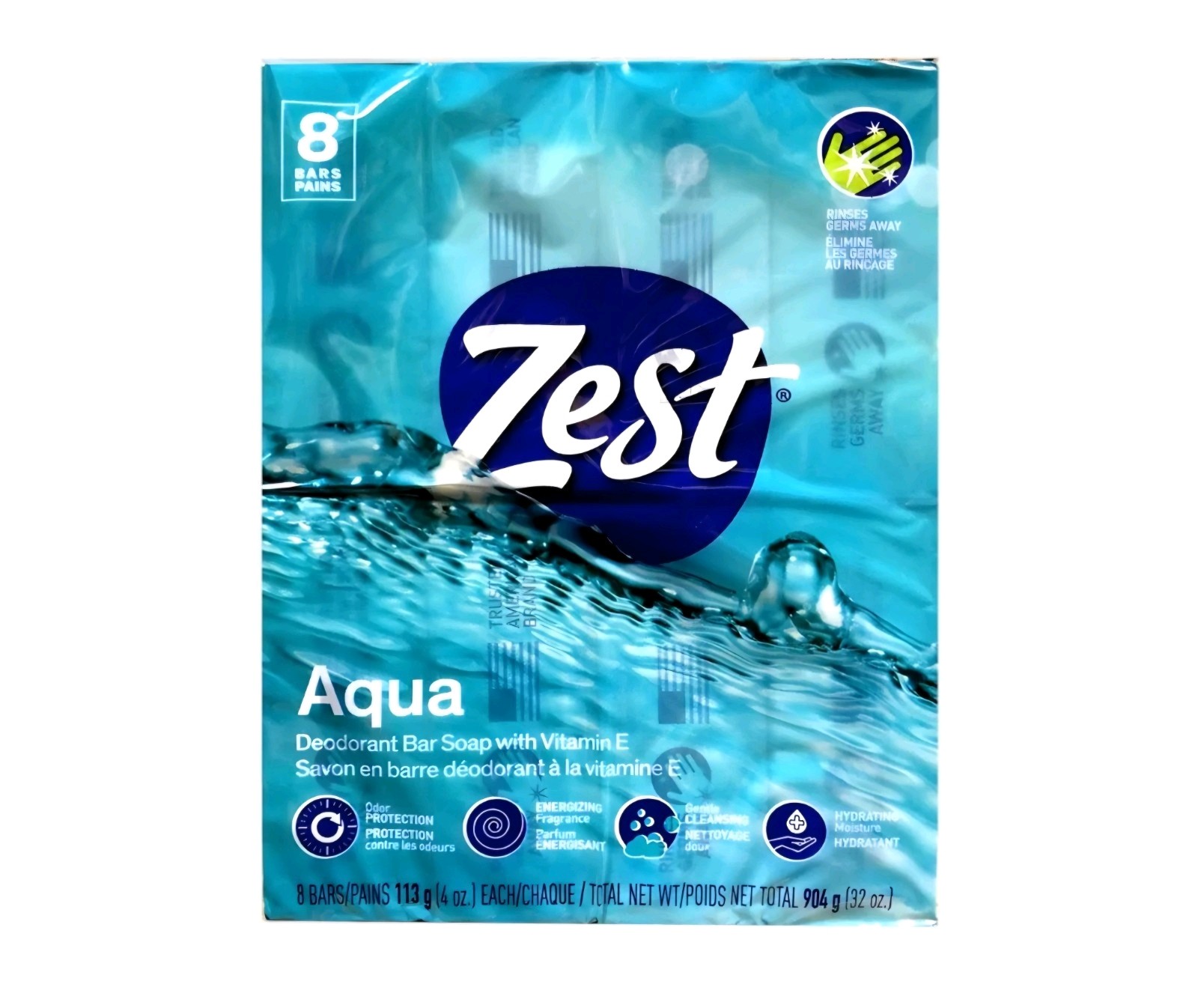 Zest Deodorant Bar Soap, Hydrating Moisture for All Skin Types, Aqua, 16 Bars