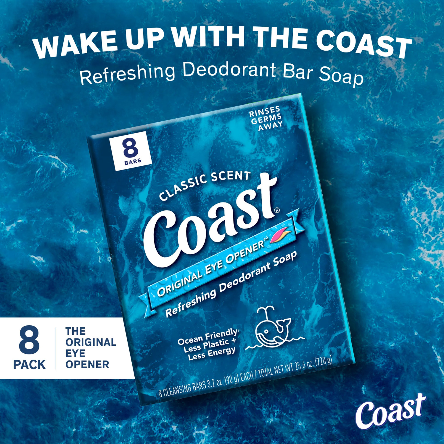 2 Pack Coast Refreshing Deodorant Bar Soap 3.2 oz, All Skin Types, 8 Bars x 2pk