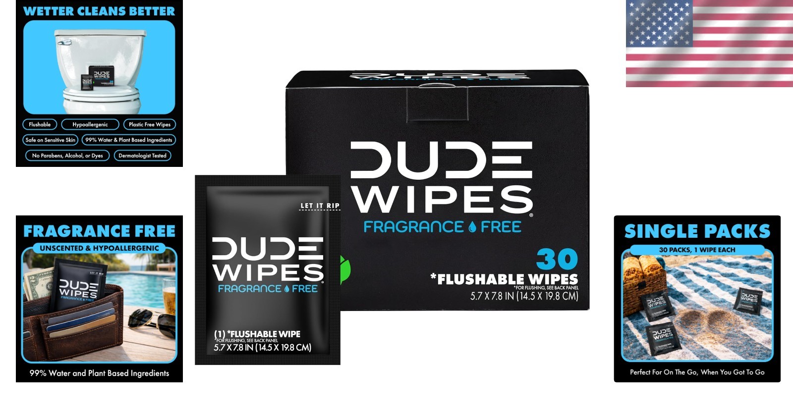 Travel-Friendly Flushable Wipes – 30 Extra-Large, Unscented, Hypoallergenic