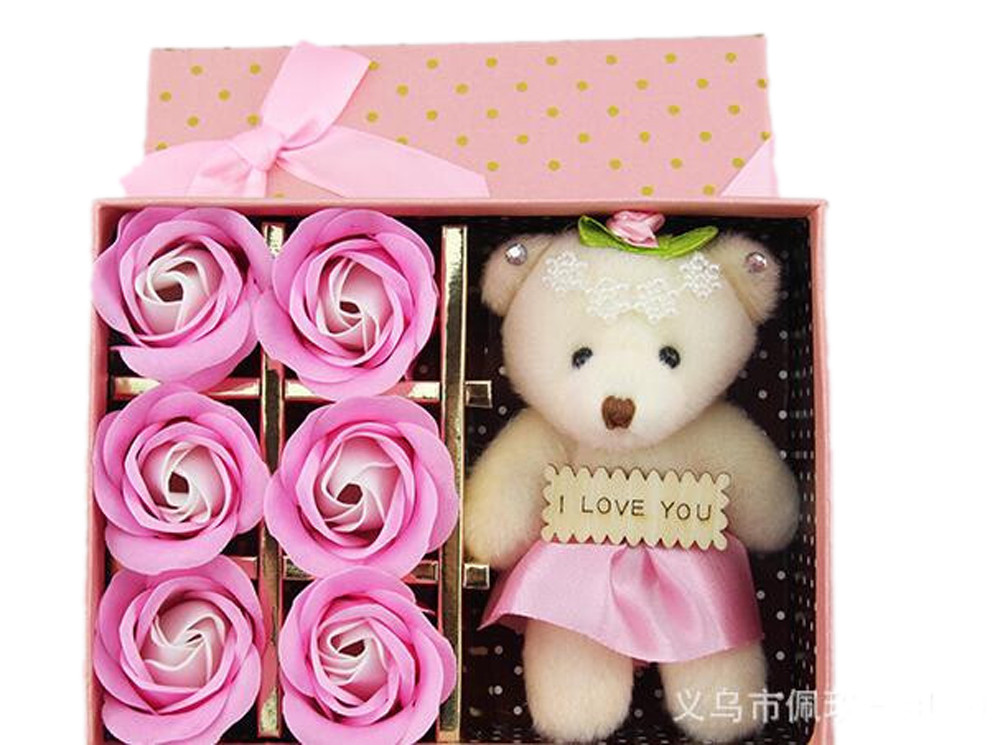 Romantic 6Pcs Scented Soap Rose Flower Petal With i love you bear Valentine Gift