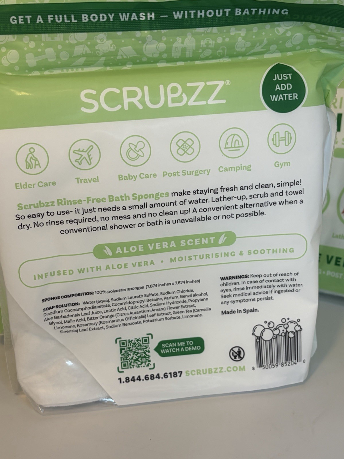 Lot of 4/100Scrubzz Rinse Free Bath Sponges Aloe Vera Lather Scrub Towel Dry New