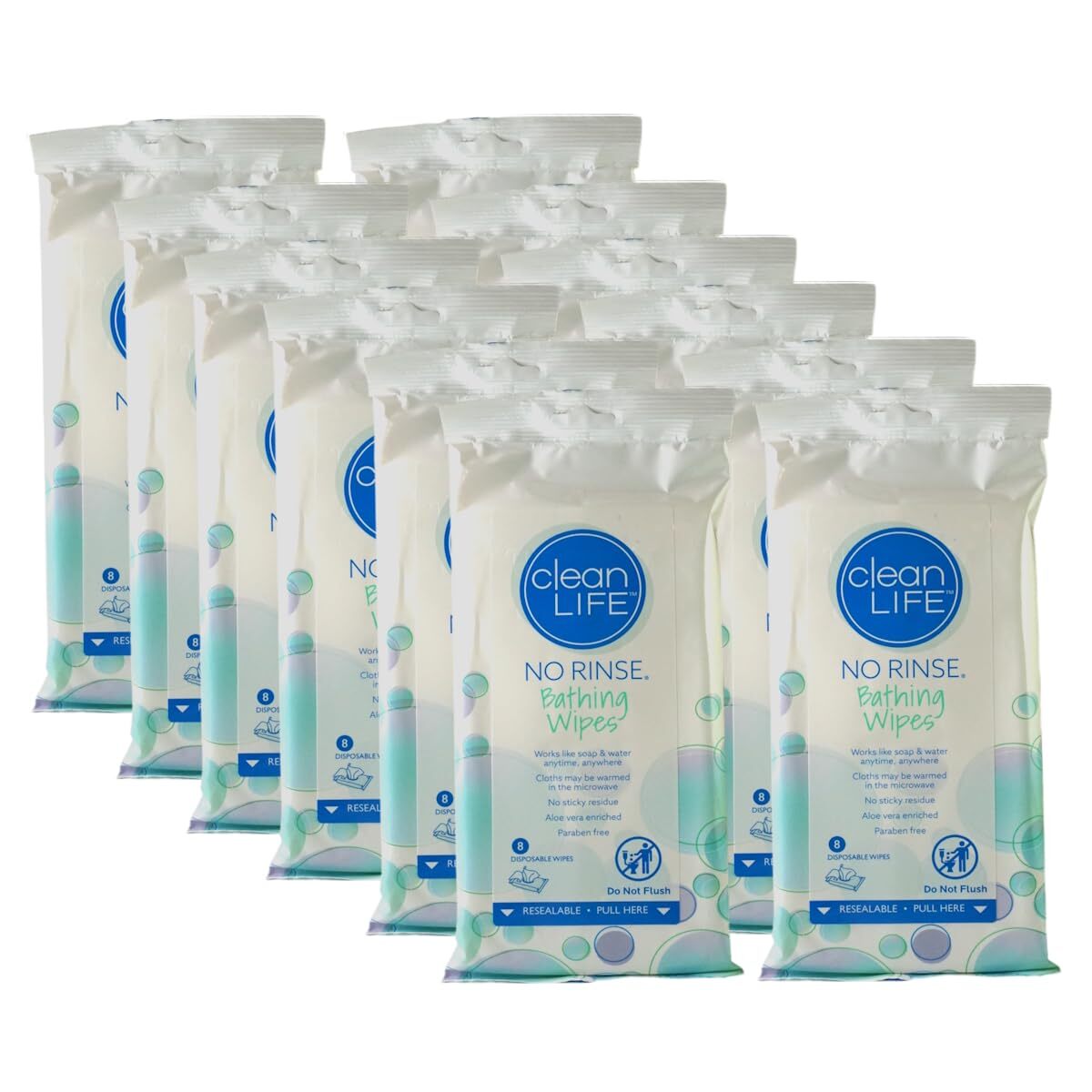 No Rinse Bathing Wipes 8 Count Pack Moisturizing Soft Hypoallergenic 12 Pack