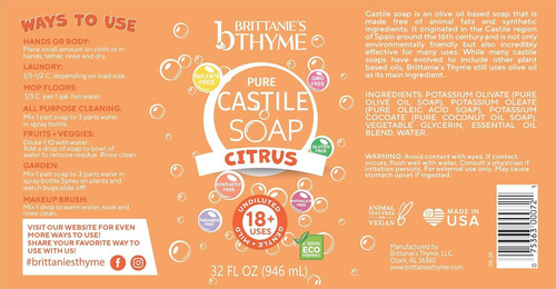 Brittanie’s Pure Castile Liquid Soap Refill, Citrus, 32 32 Fl Oz (Pack of 2)