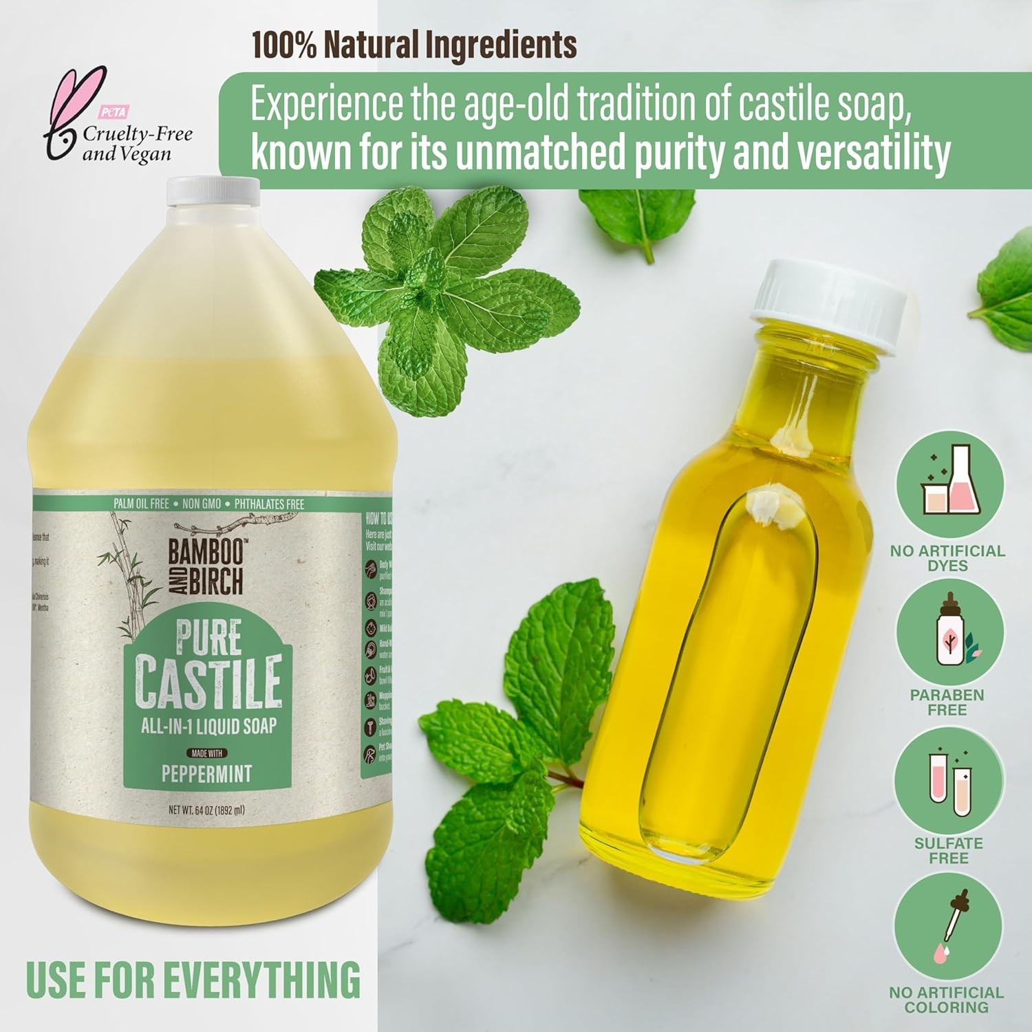 Palm Oil Free Peppermint Pure Castile Liquid Soap – 64 oz for Luxurious Cleaning