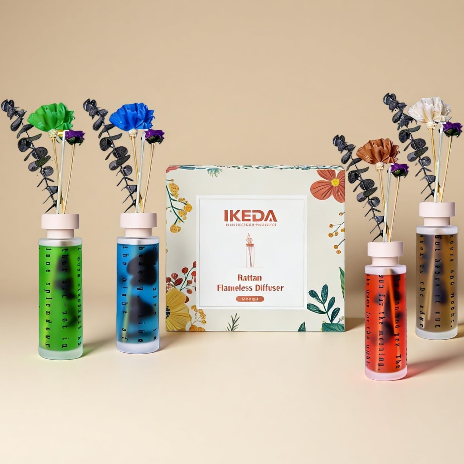 Ikeda Reed Diffuser Set of 4, Lavender, Gardenia, Rose&Tea Scented Diffuser w…