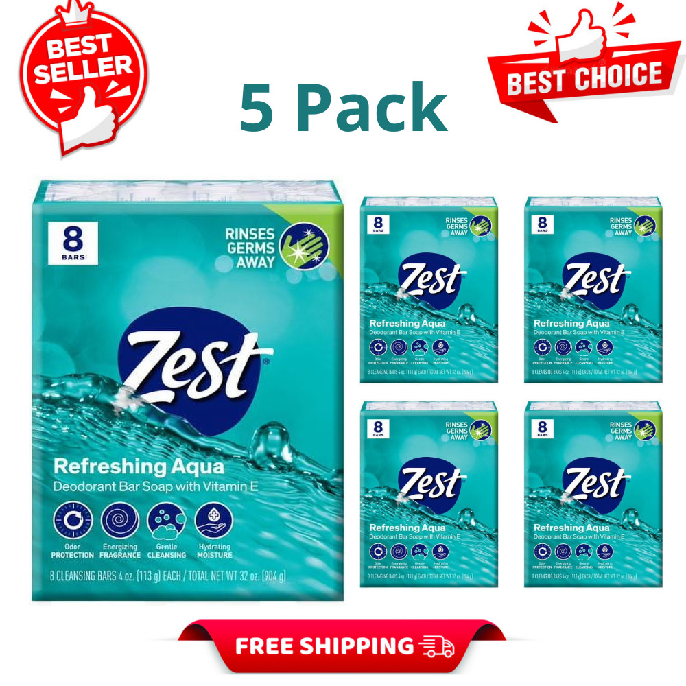 2Pack Zest Deodorant Bar Soap, Aqua, Hydrating Moisture, 4 oz, 8 Bars (16 Total)