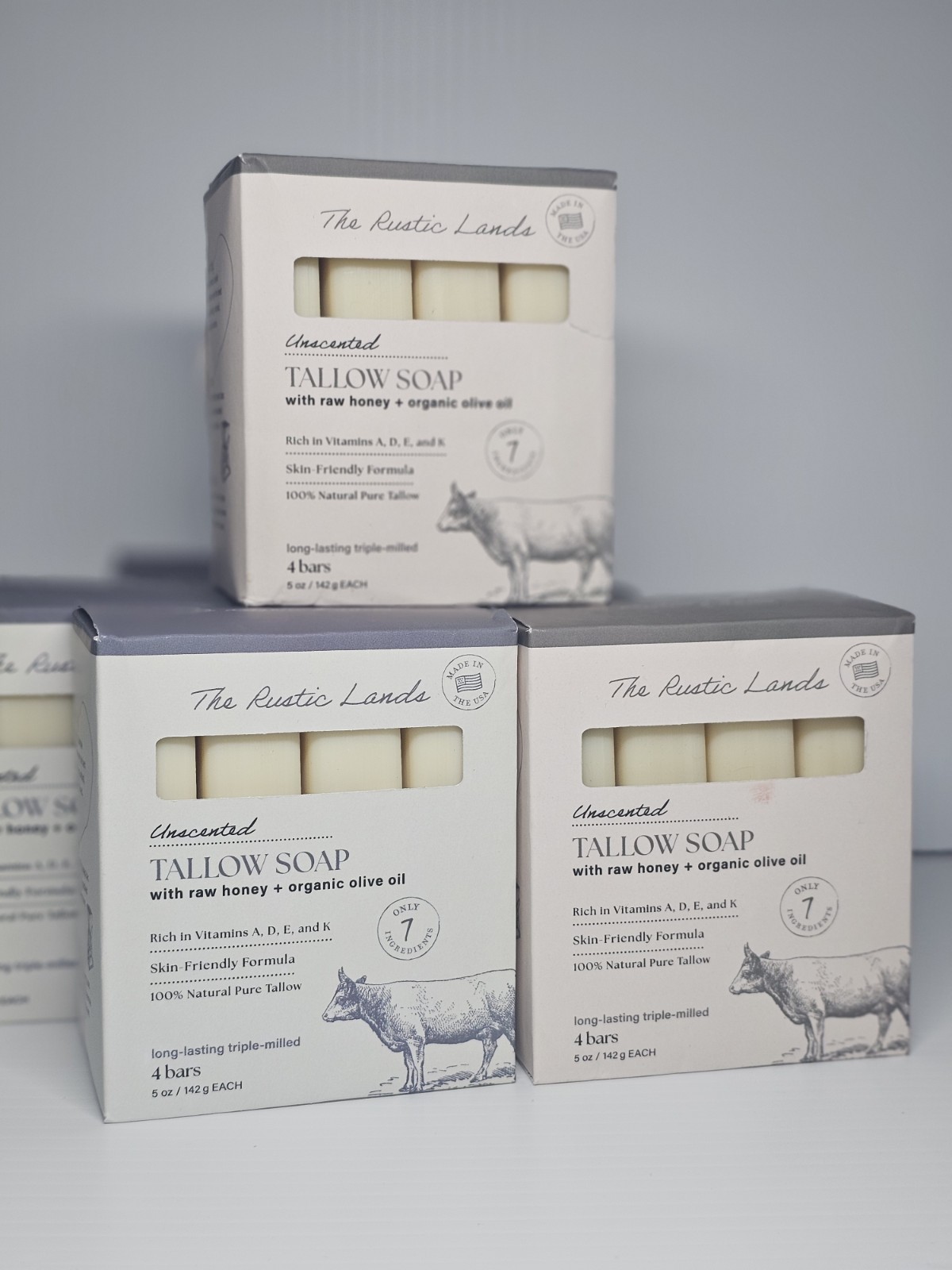 THE RUSTIC LANDS Grass Fed Beef Tallow Soap 4 Bar w/ Honey & Olive Oil Unscented