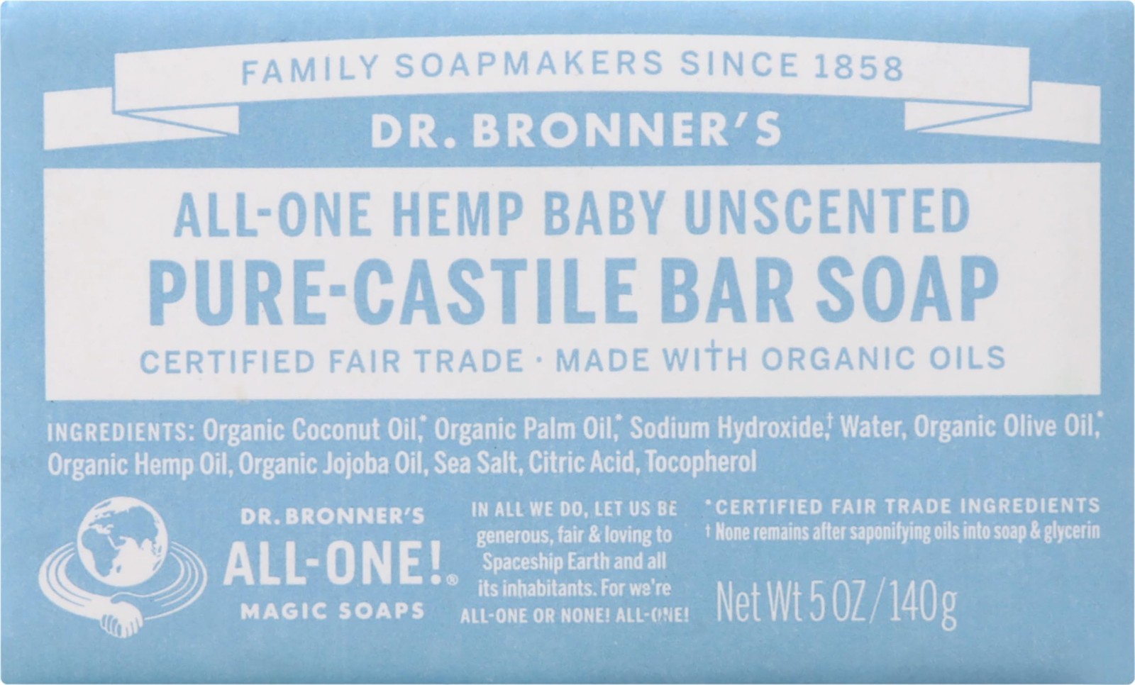 Dr Bronner’s Unscented Baby Mild Castile Bar Soap 20 Ounce Organic Fair Trade