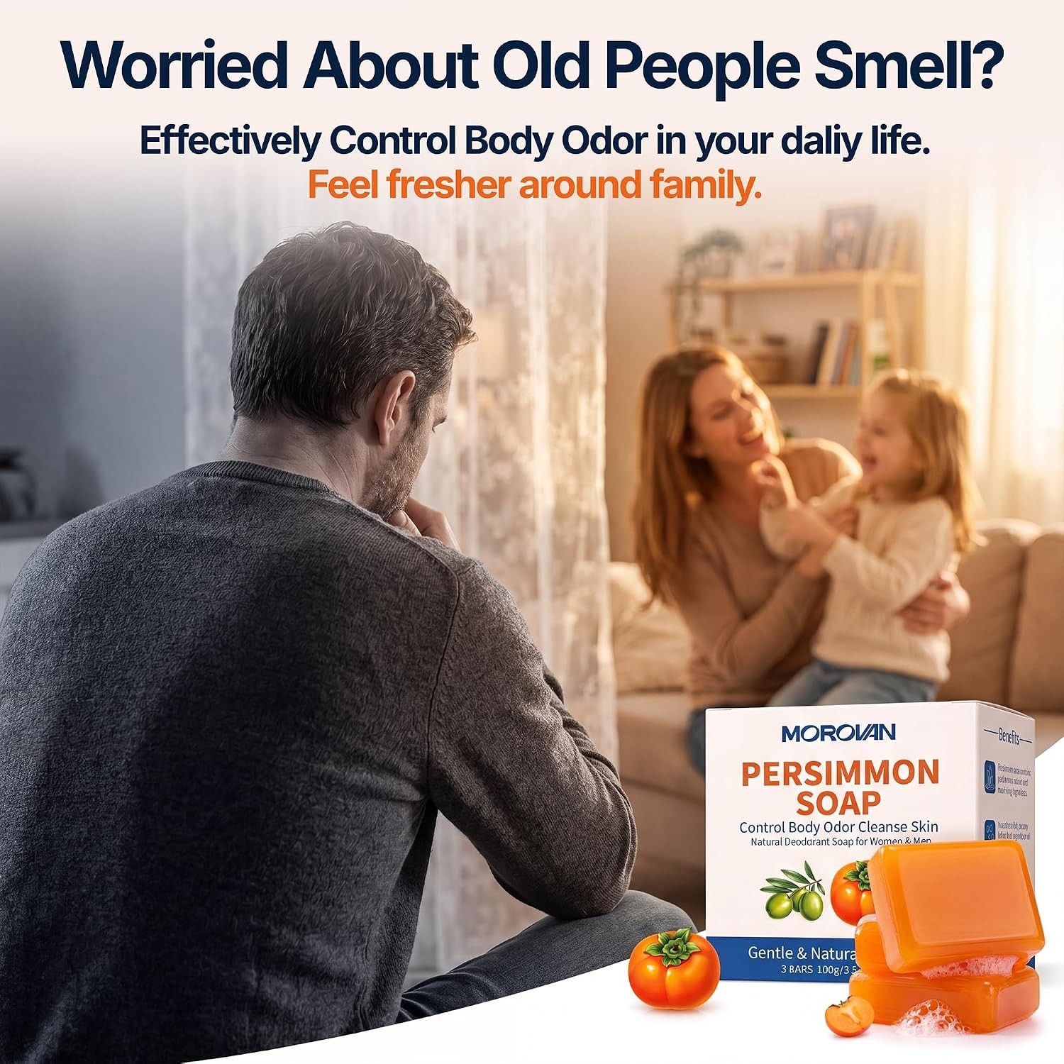 Persimmon Soap for Body Odor: 3 Bars Natural Persimmon Bar Soap for Old Peopl…