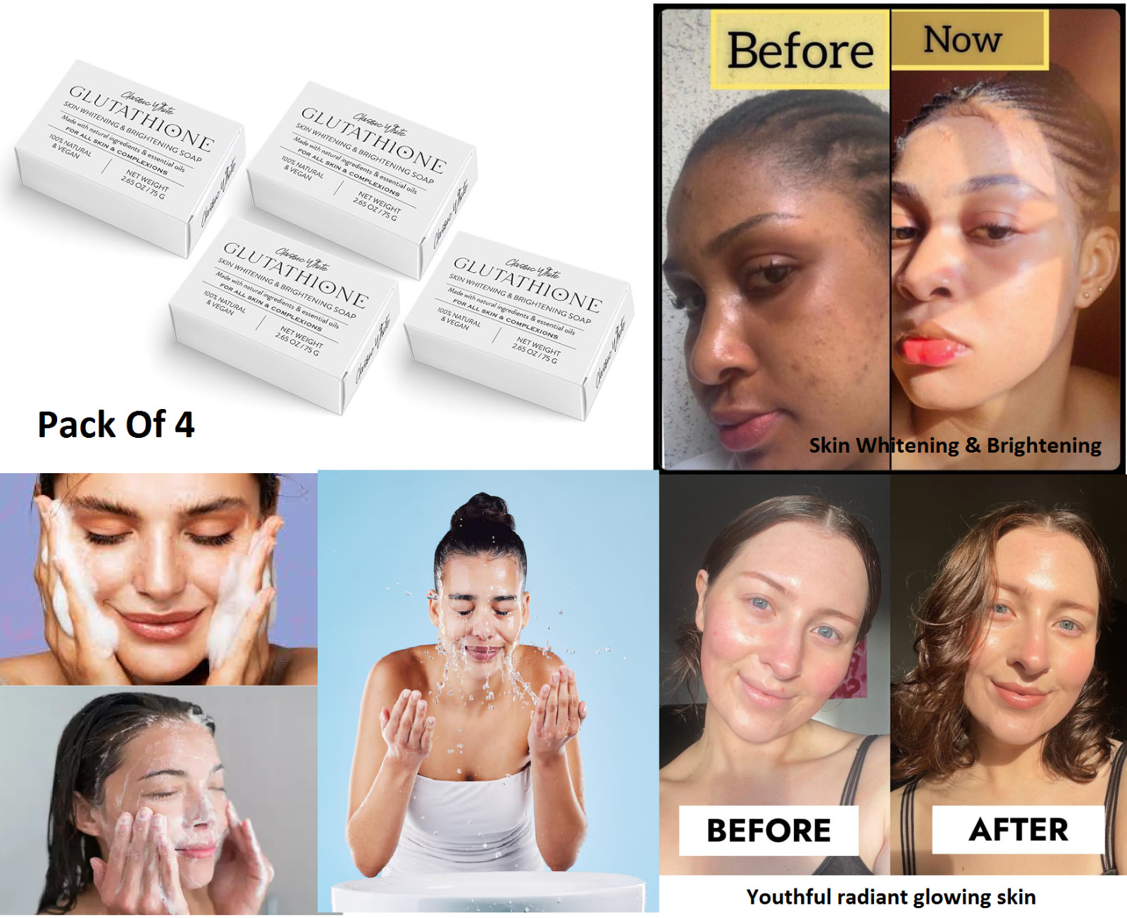 Glutathione Skin Whitening & Brightening Soap Anti-Aging Natural & Vegan 75g 4pk